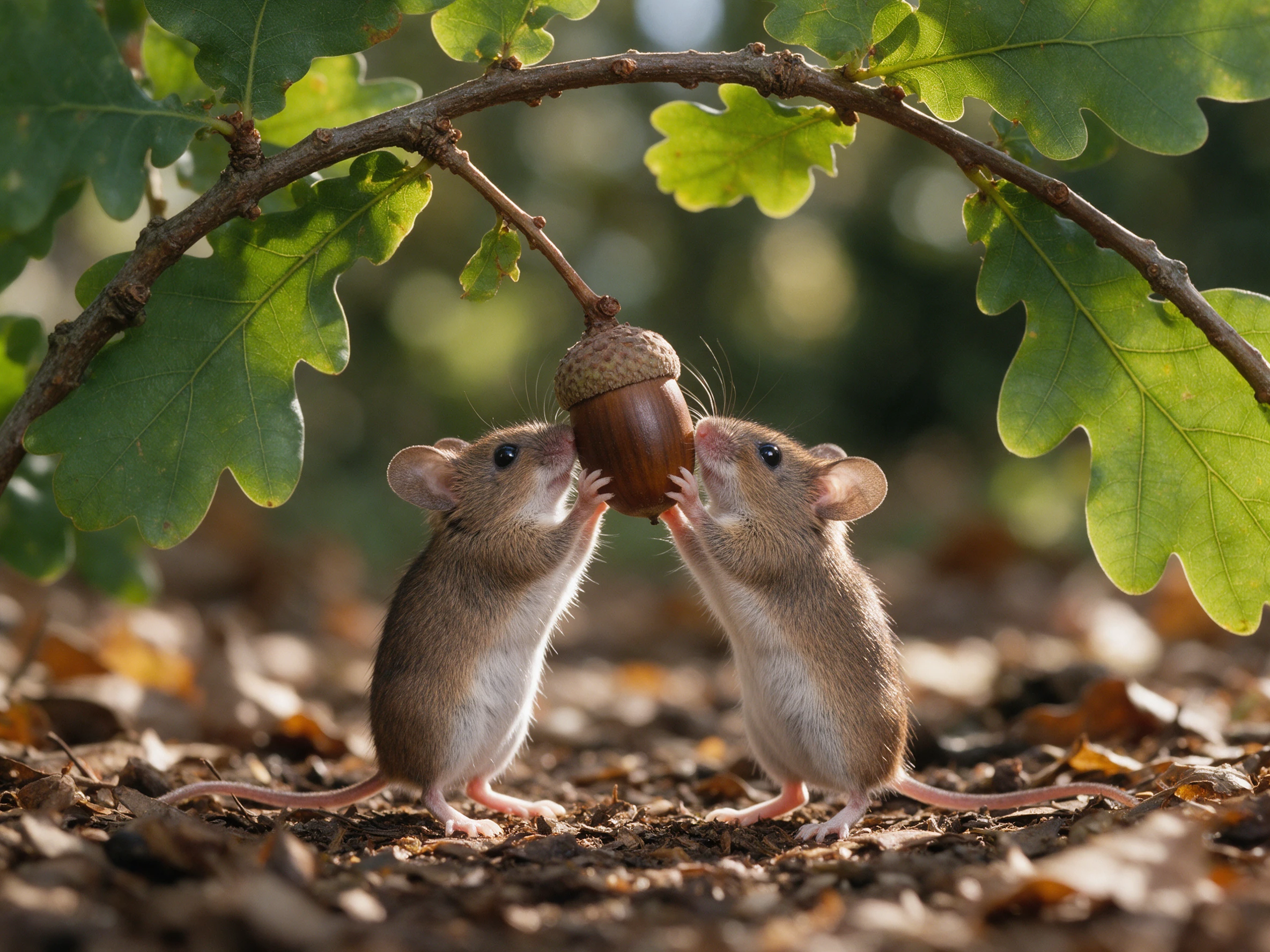 Dois ratos partilham bolotas sob um ramo de carvalho na floresta
