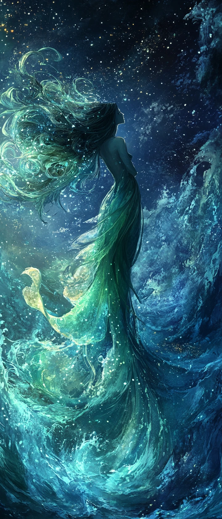Una sirena solitaria contempla l'abisso oceanico cosparso di stelle