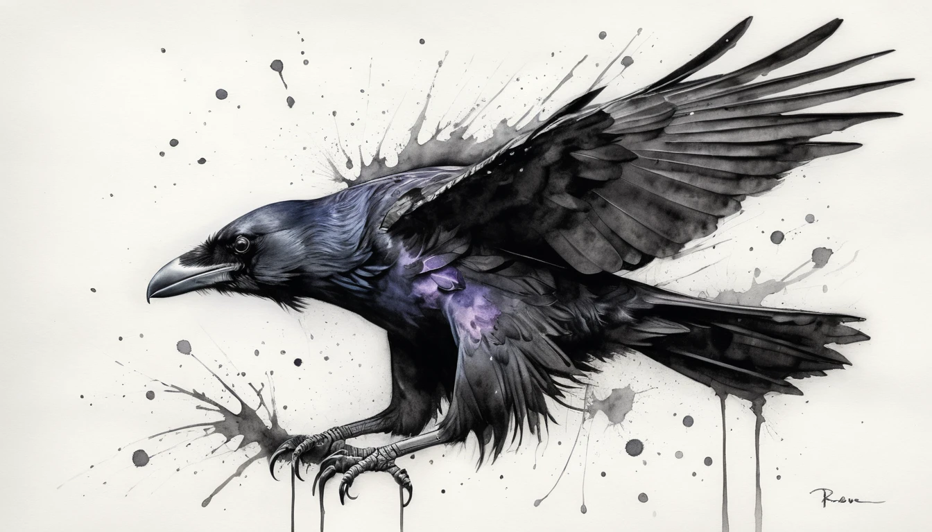 Um esboço de um corvo a carvão se dissolve em aquarela quando ele pousa