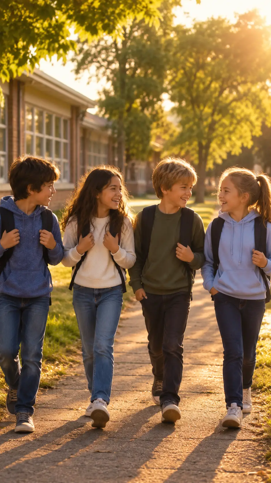 Amigos da escola dão risada em um caminho tranquilo depois da aula