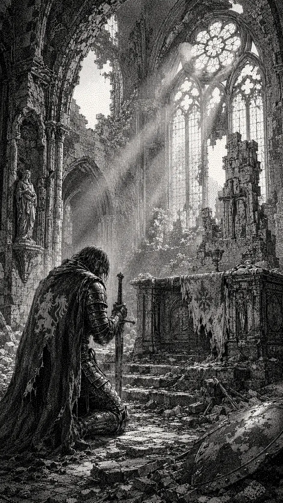 A weathered knight kneels before a shattered altar in cathedral ruins