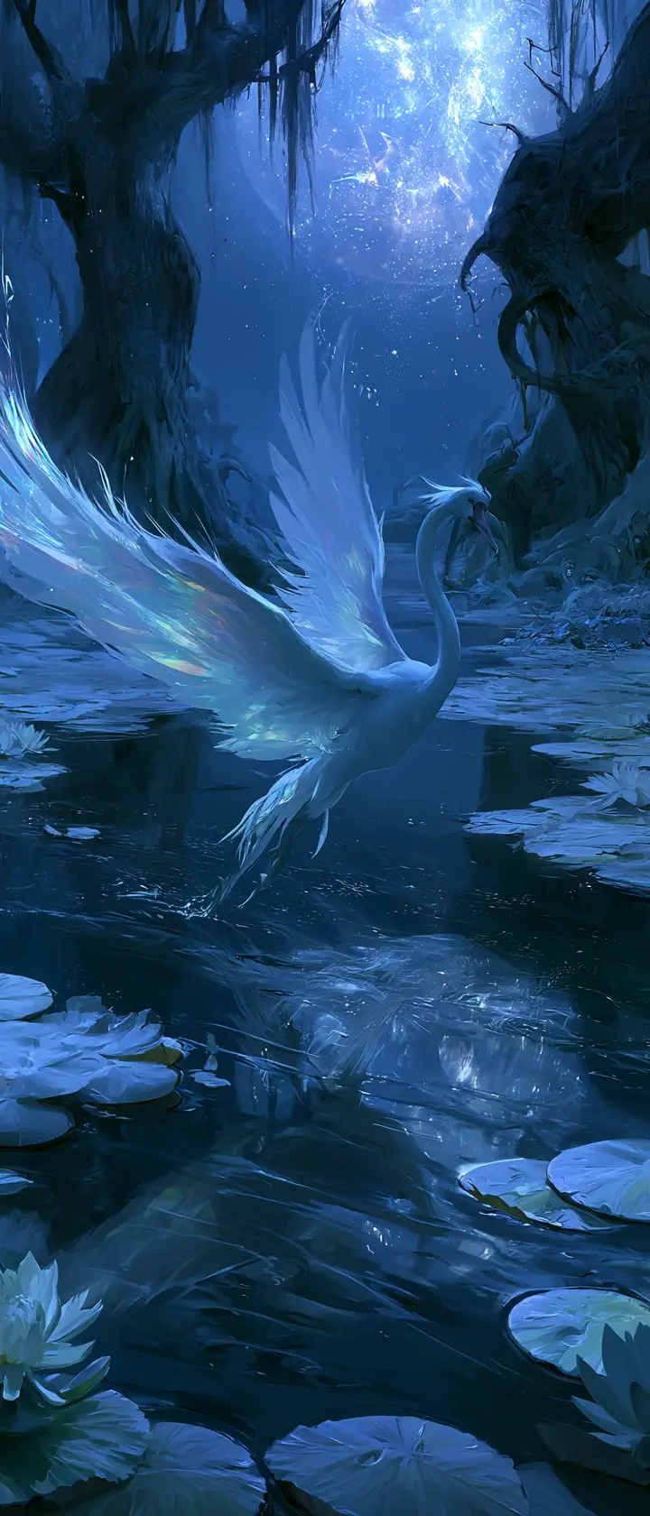 星空下，一隻宛如天鵝的生物躍過月光映照的湖面