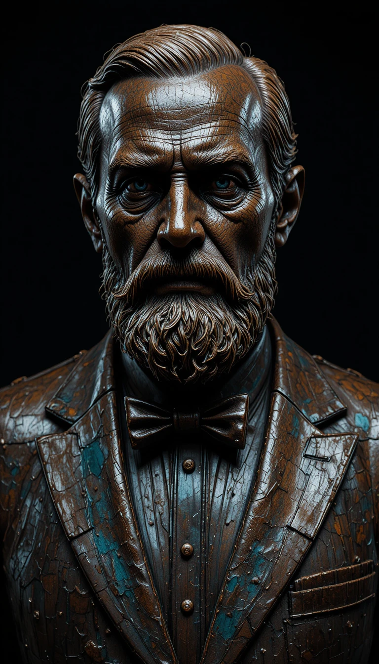 Um distinto senhor idoso retratado num dramático busto de bronze
