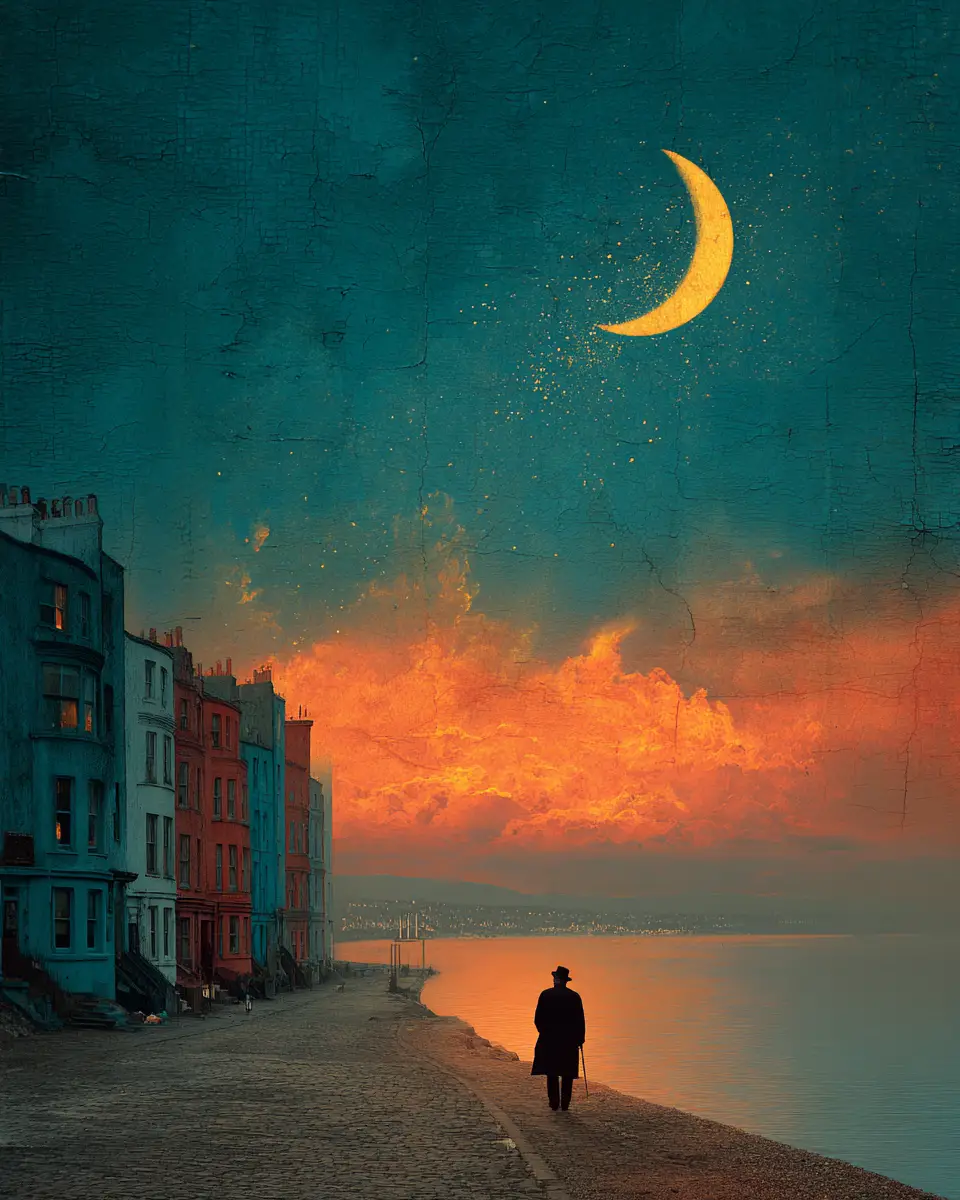 Ein düsteres surrealistisches Ölgemälde in Indigo und Orange-Rot