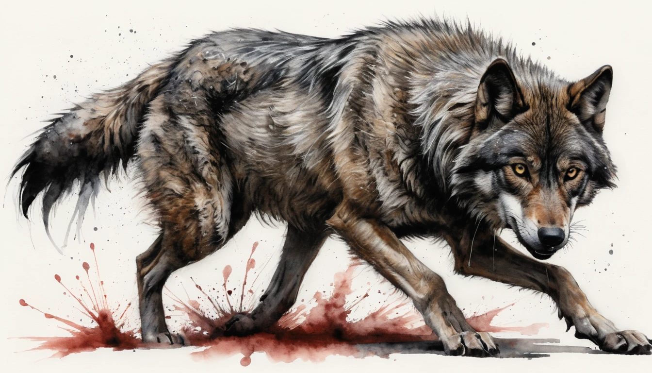 A charcoal wolf sketch becomes a watercolor portrait upon touching the carpet