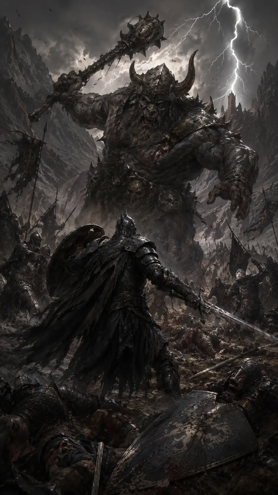 Knights clash with monstrous beasts on a stormy mountainous plain