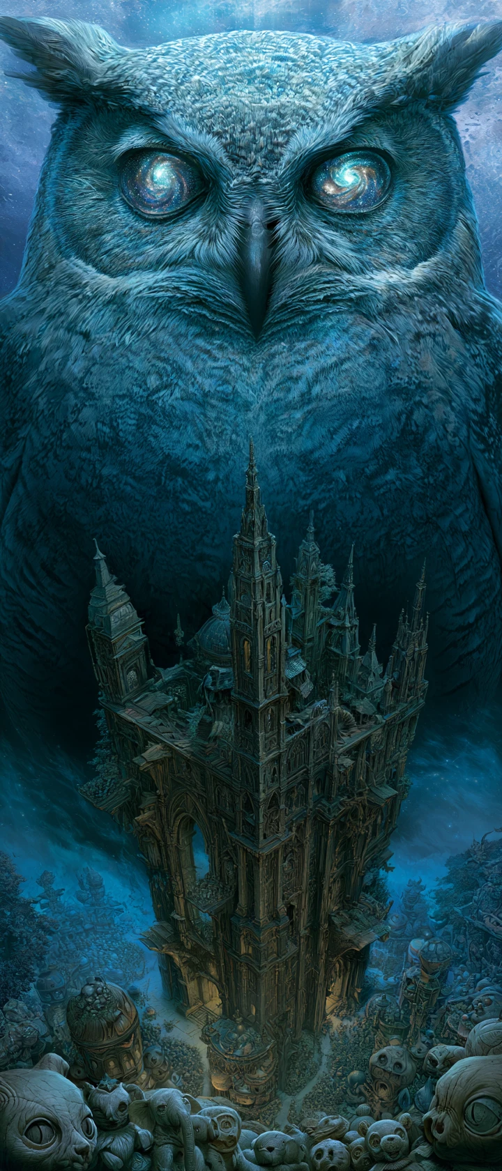Eine weise Eule thront auf einem verfallenden gotischen Turm