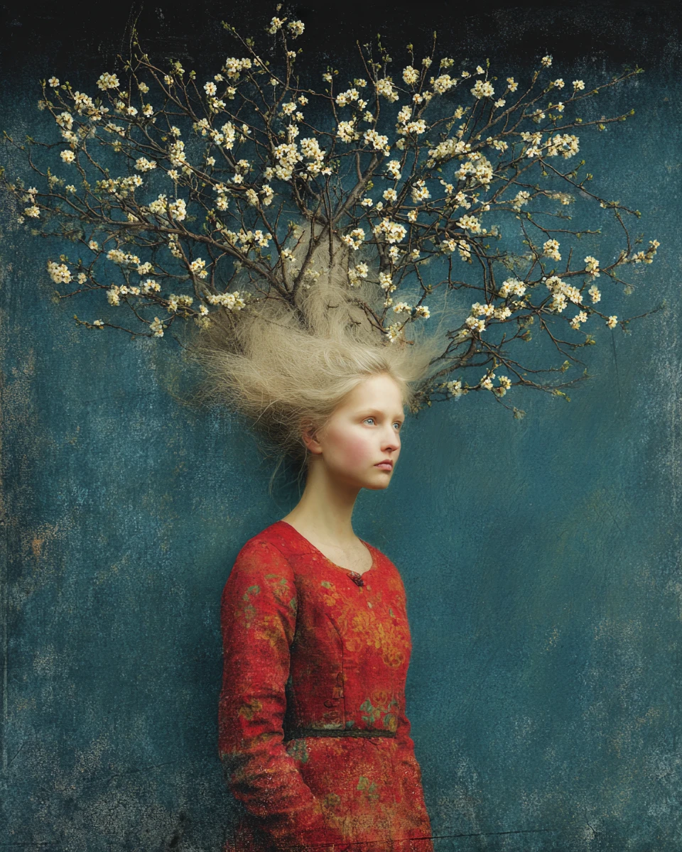 Ein blondes Mädchen und ein blühender Baum in einer fantasievollen gemalten Szene