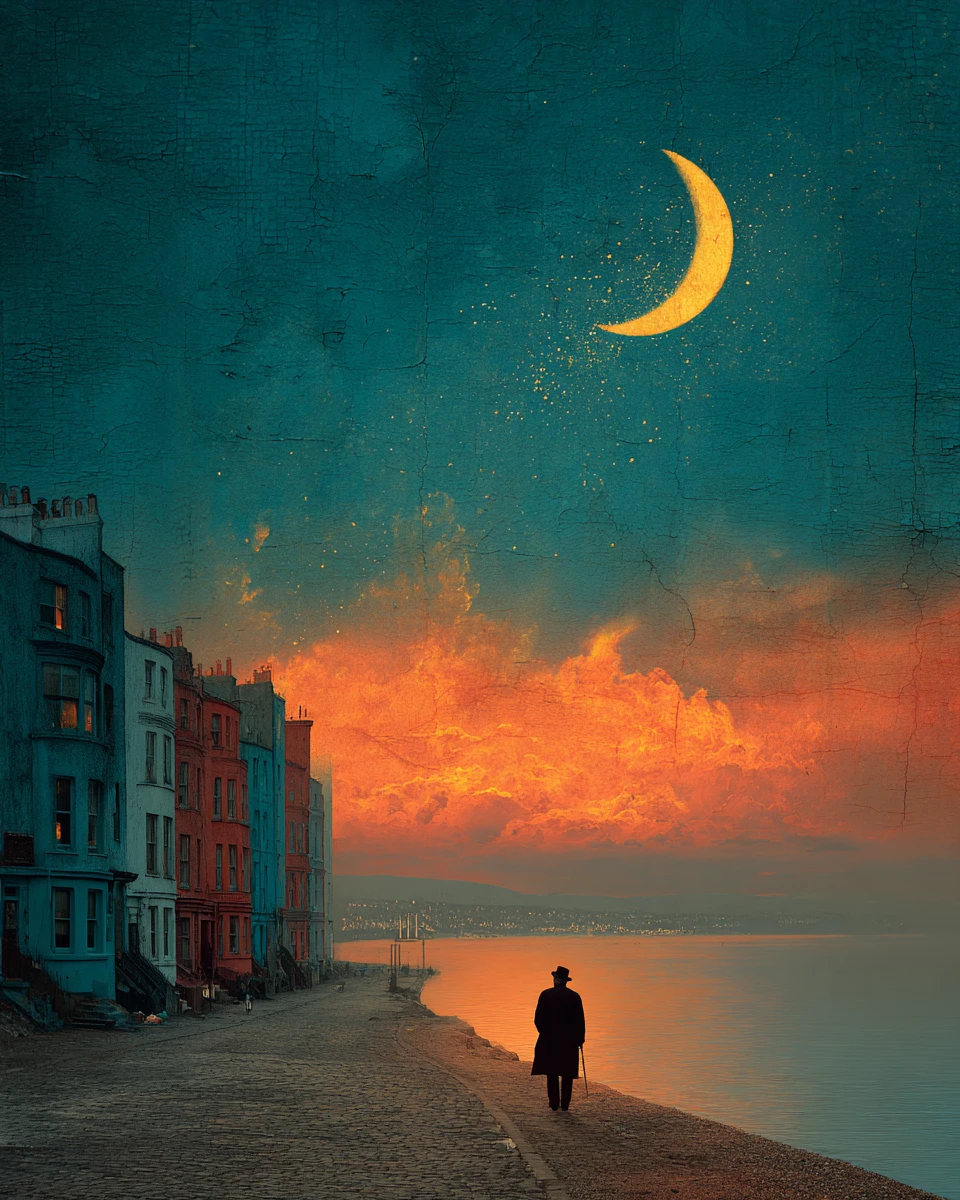 Uma pintura a óleo surrealista e sombria em índigo e vermelho-alaranjado