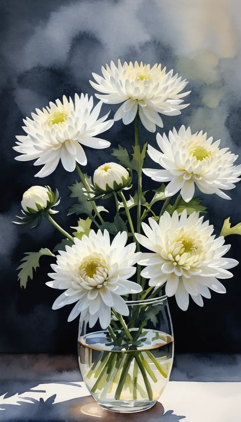 White chrysanthemums and Japanese dishes in a delicate watercolor still life
