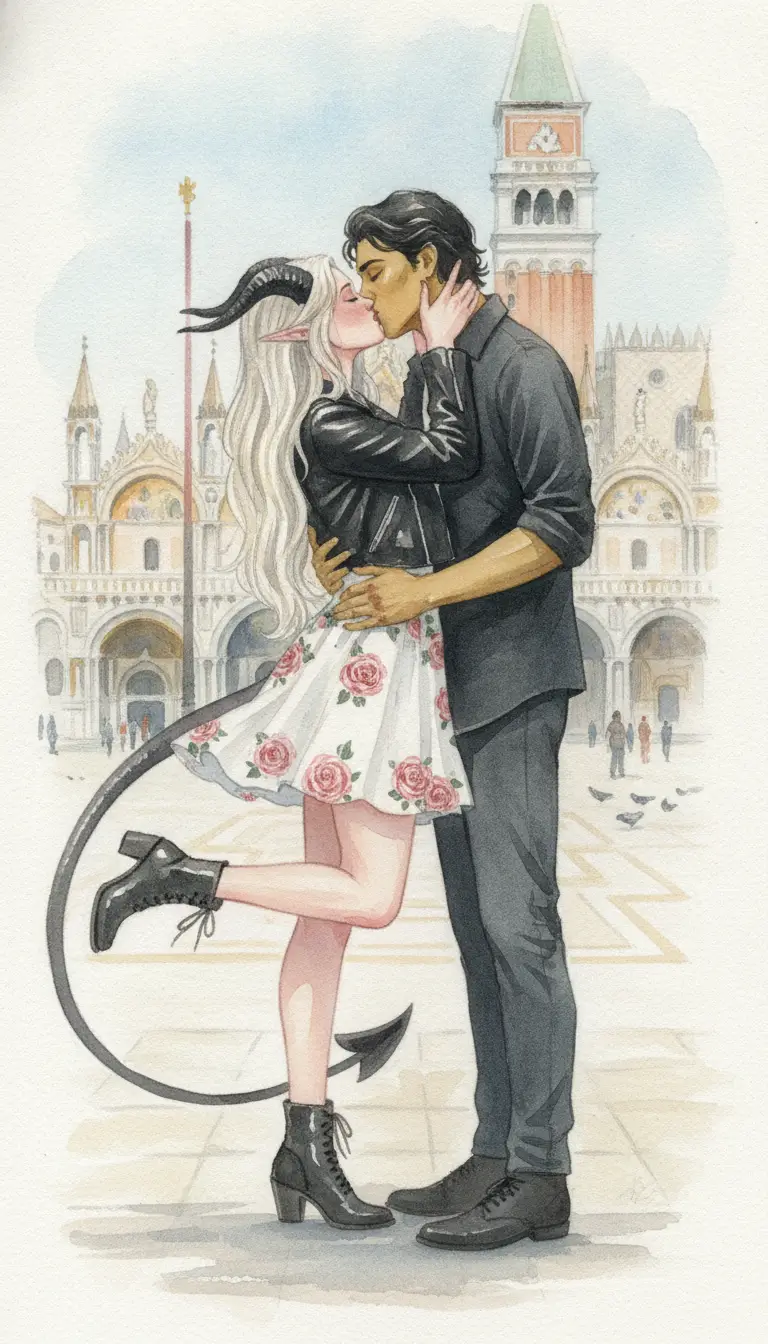 Uma mulher tiefling beija o seu parceiro na Praça de São Marcos, em Veneza