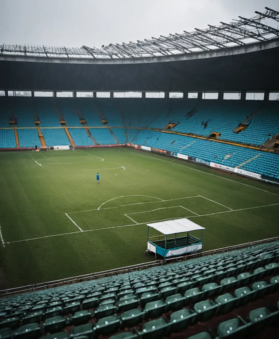 Un unico spettatore siede sopra un campo da calcio vuoto sotto una pioggia battente
