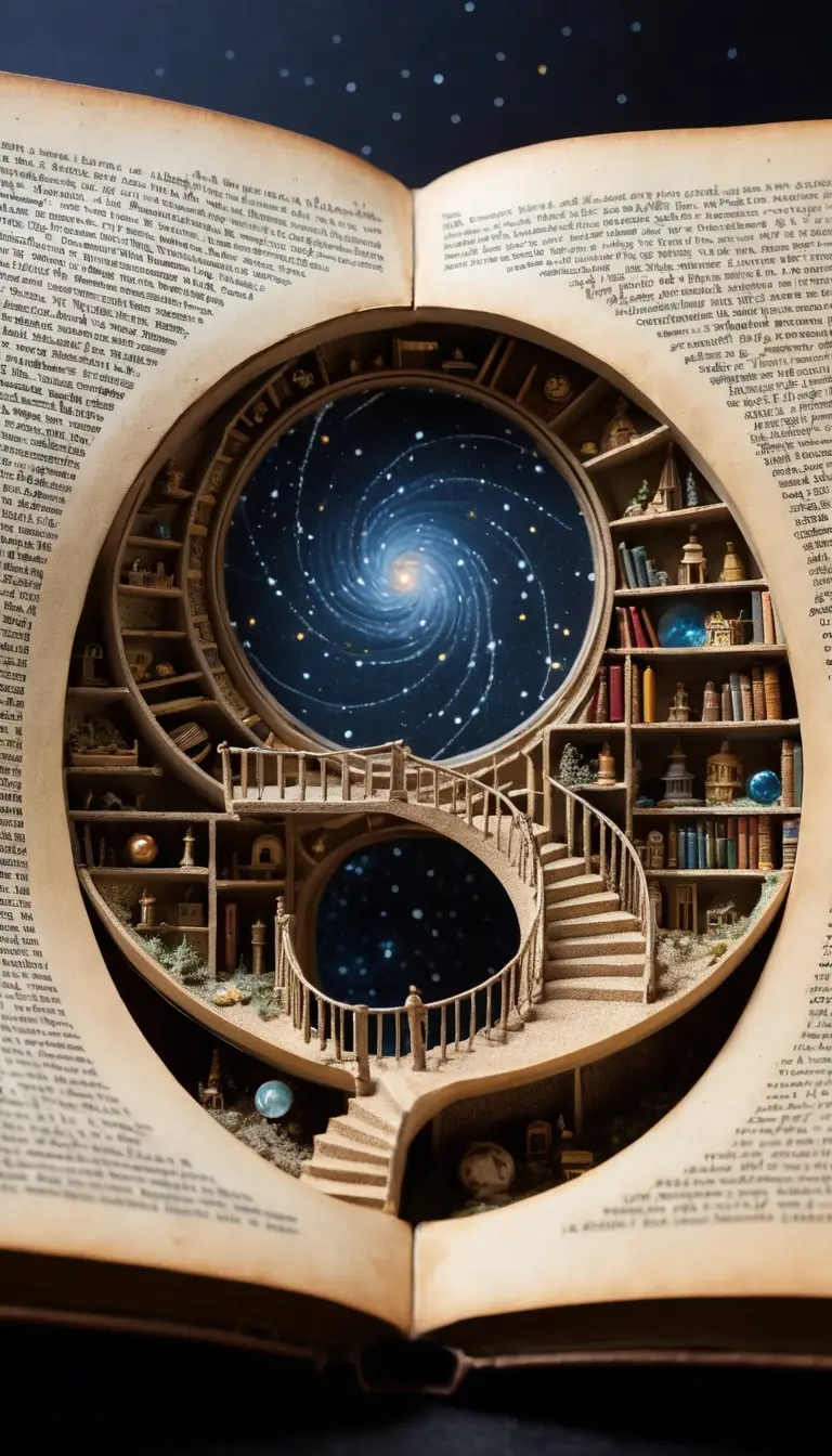 Eine Miniaturwelt mit Observatorium entfaltet sich in einem riesigen aufgeschlagenen Antiquariat