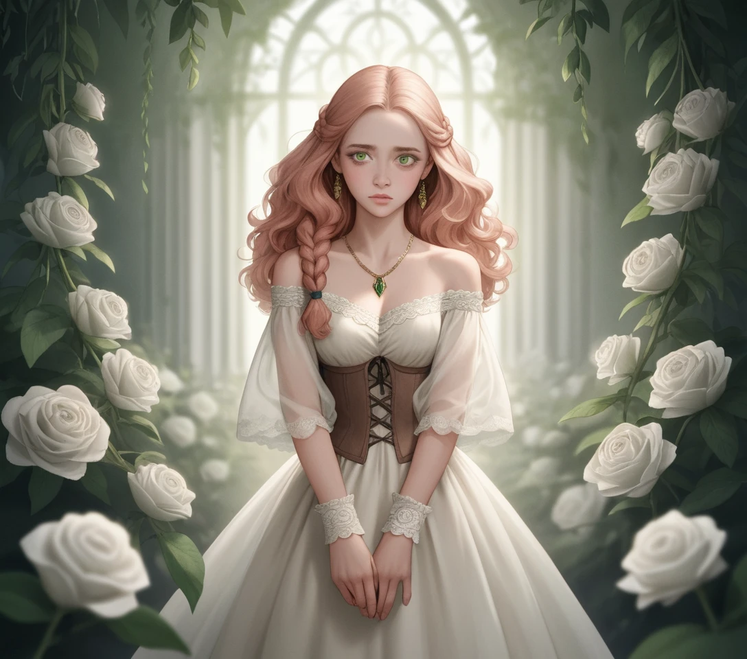 Uma jovem está entre rosas brancas em um jardim exuberante