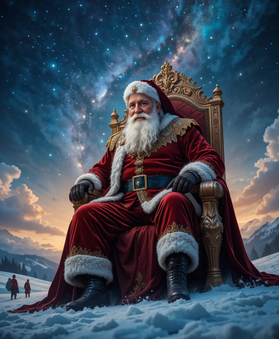 Santa claus sits upon a throne beneath a starlit sky