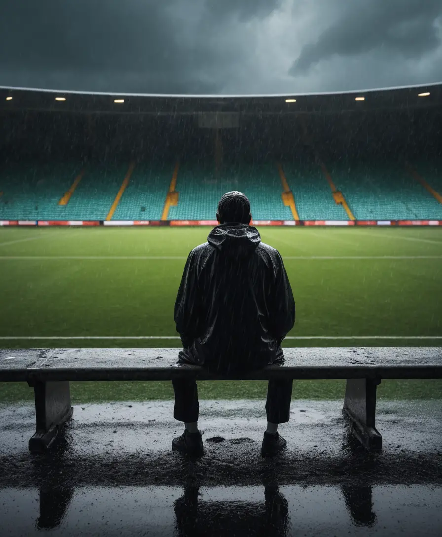 Uma figura solitária está sentada, encolhida sob a chuva, diante de um campo de futebol vazio
