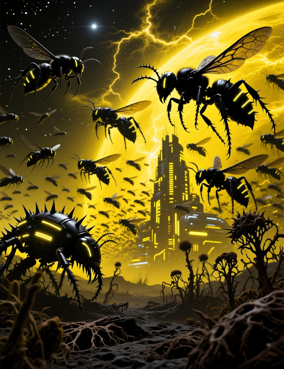 A Thorned Hornet Swarm Flies Above Dead Plants in a Dark Landscape