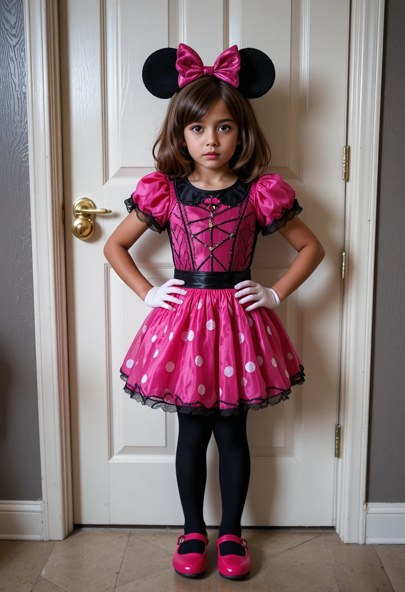 Um garoto pré-adolescente está parado à porta usando uma fantasia da Minnie Mouse