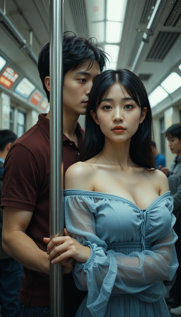 擁擠的地鐵車廂中，一名女子握著扶手桿
