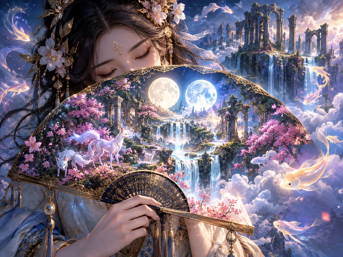 Une déesse endormie cache son visage derrière un éventail de jardin au clair de lune