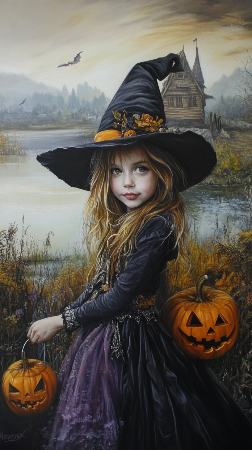 A smiling girl in Halloween clothes holds a bat by a lakeside cabin