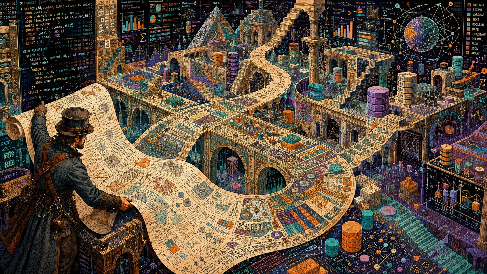 Un esploratore vittoriano dispiega una mappa infinita di percorsi analitici