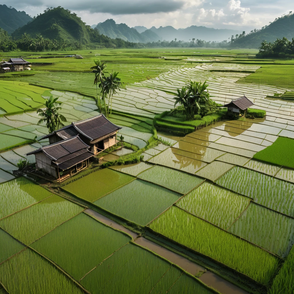 Arrozais verdes estendem-se por um vale rural chuvoso
