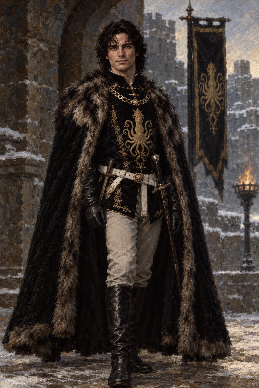 A full-length portrait of a young man in an embroidered black tunic