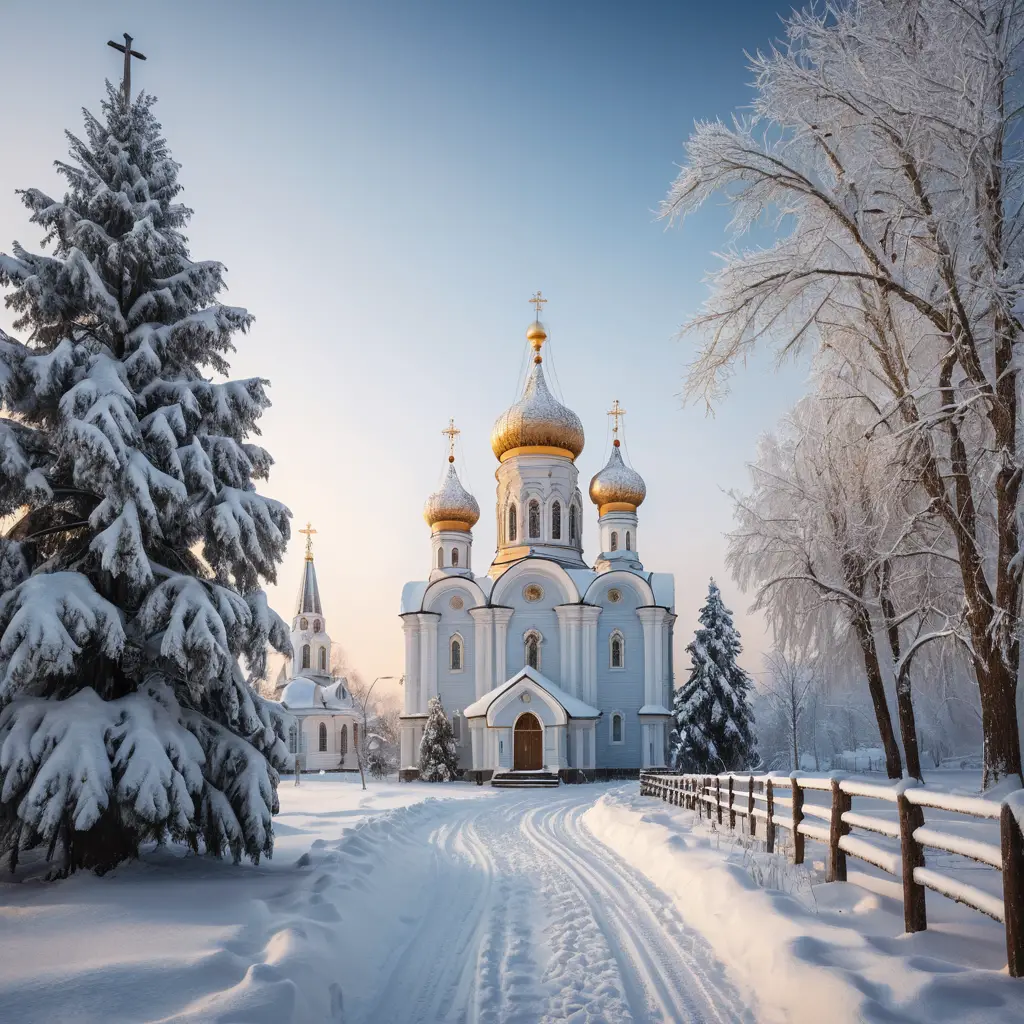Une église enneigée d’un village russe scintille sous un pâle ciel d’hiver