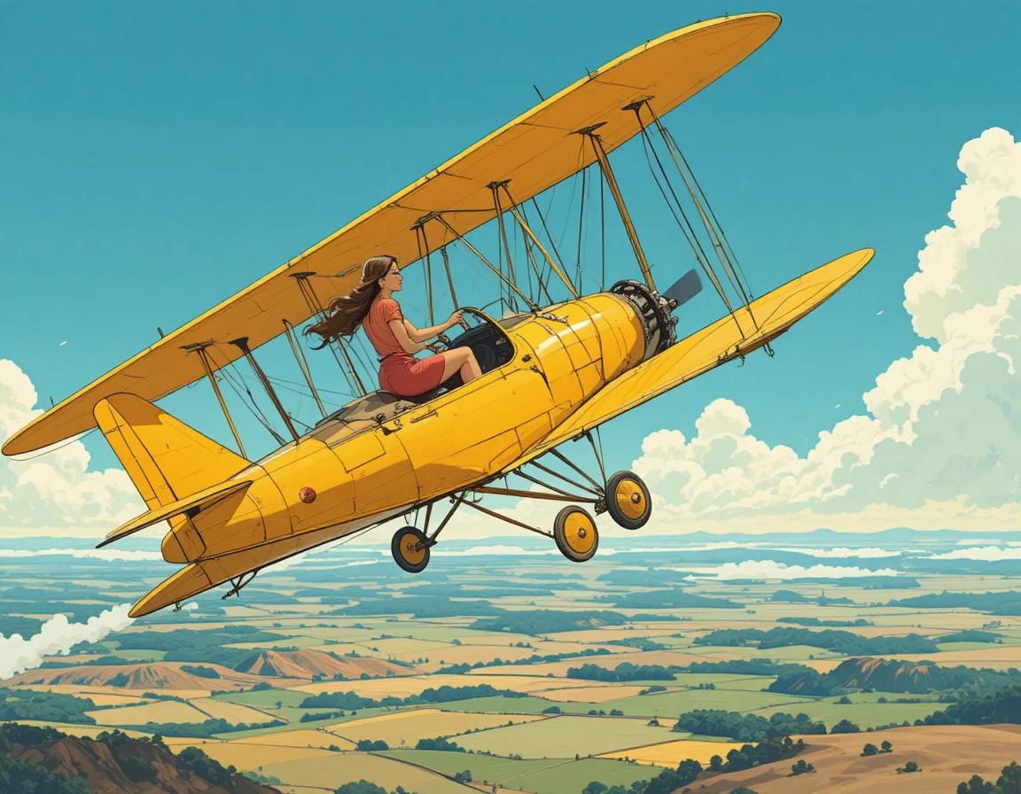 Uma mulher no cockpit de um biplano amarelo sobre uma paisagem dos anos 1930