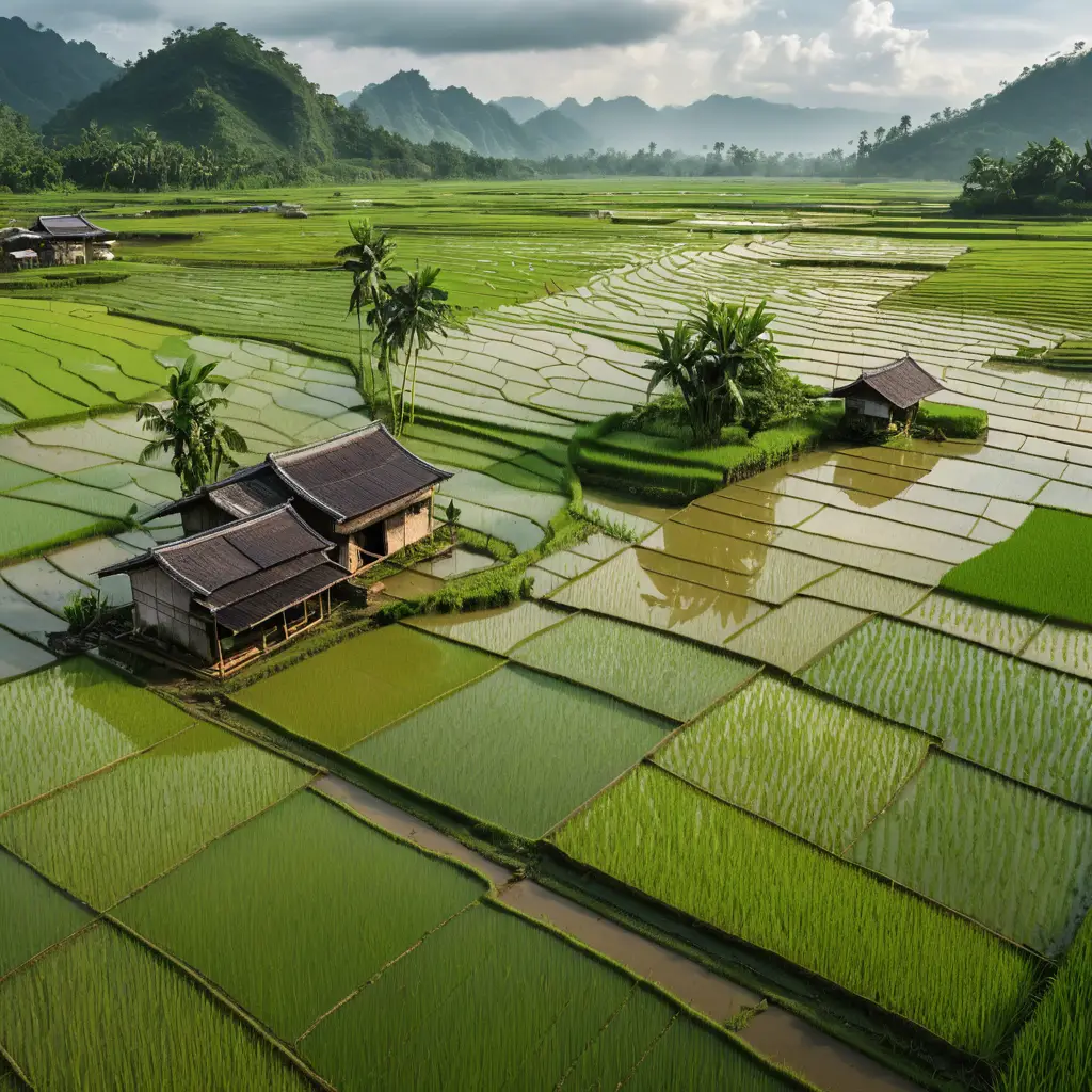 Arrozais verdes estendem-se por um vale rural chuvoso