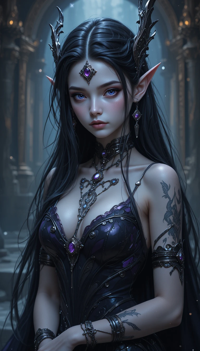 Mulher elfa sombria de anime com cabelo longo envolto em bandagens e joias imponentes