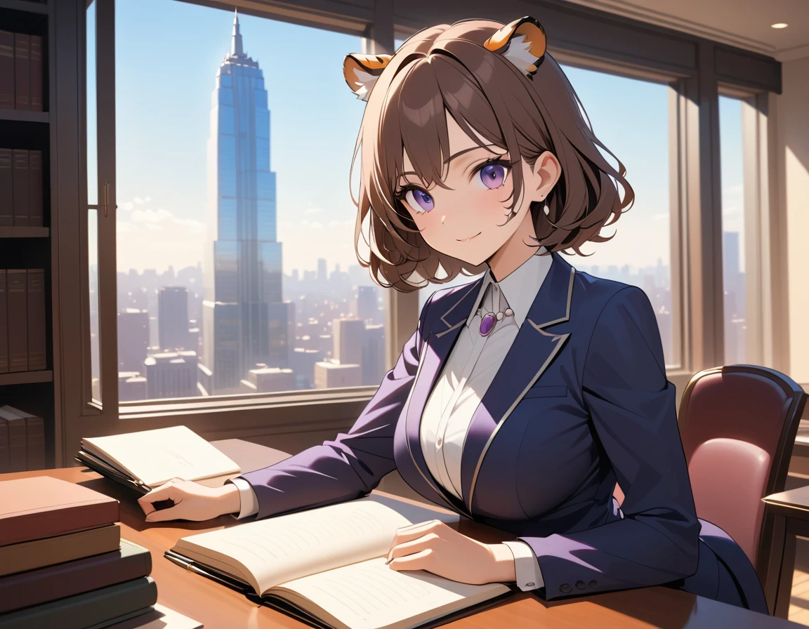 A confident tiger woman lawyer stands inside a prestigious law office