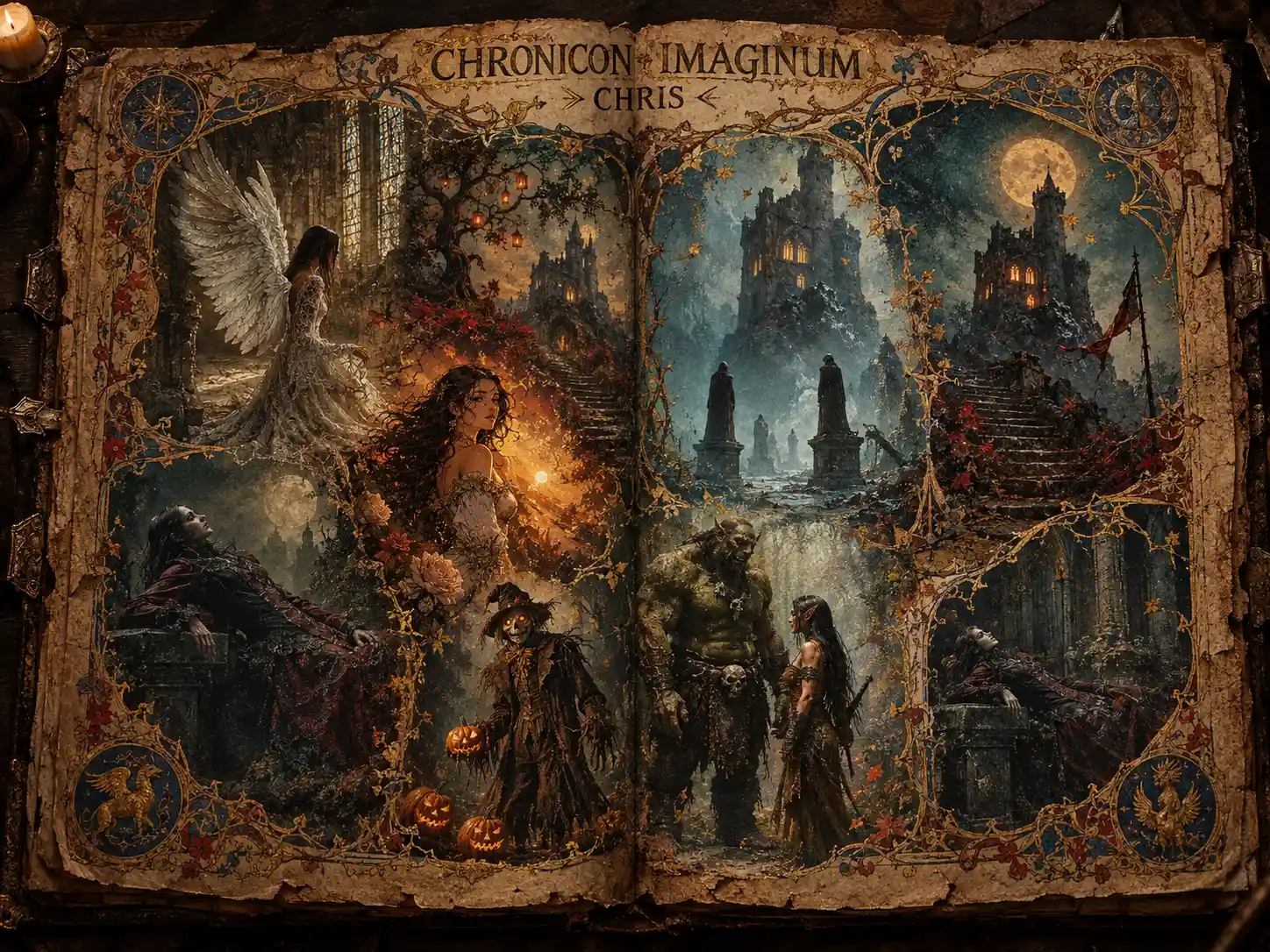 An illuminated medieval manuscript opens to weathered parchment beneath its chronicle heading