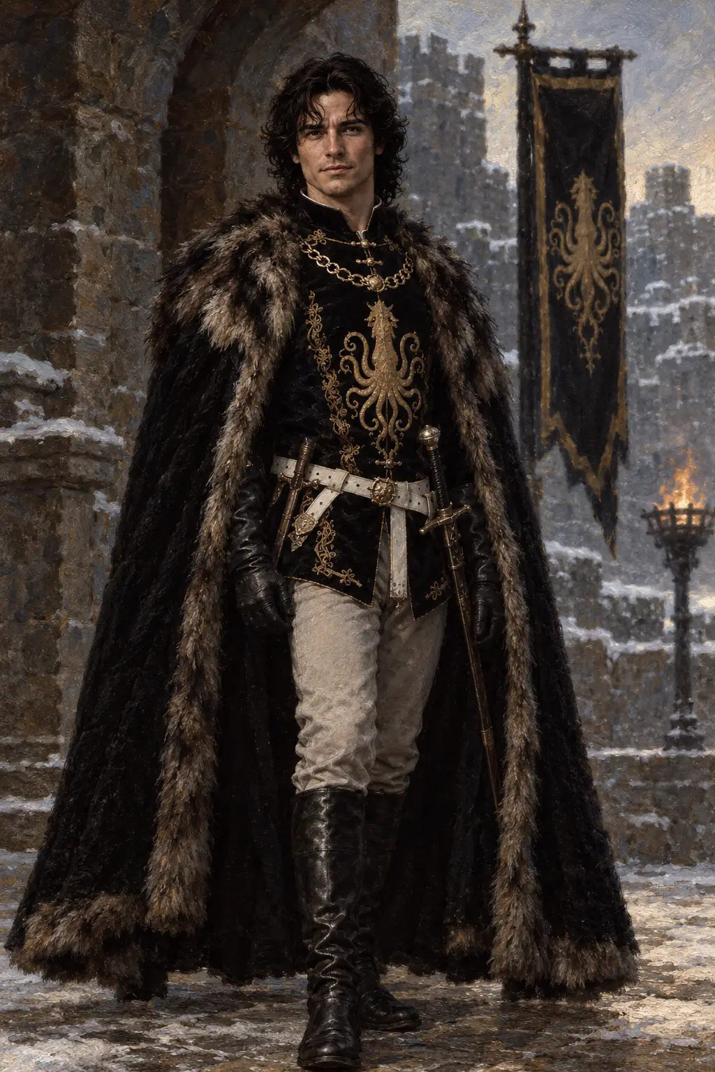 A full-length portrait of a young man in an embroidered black tunic