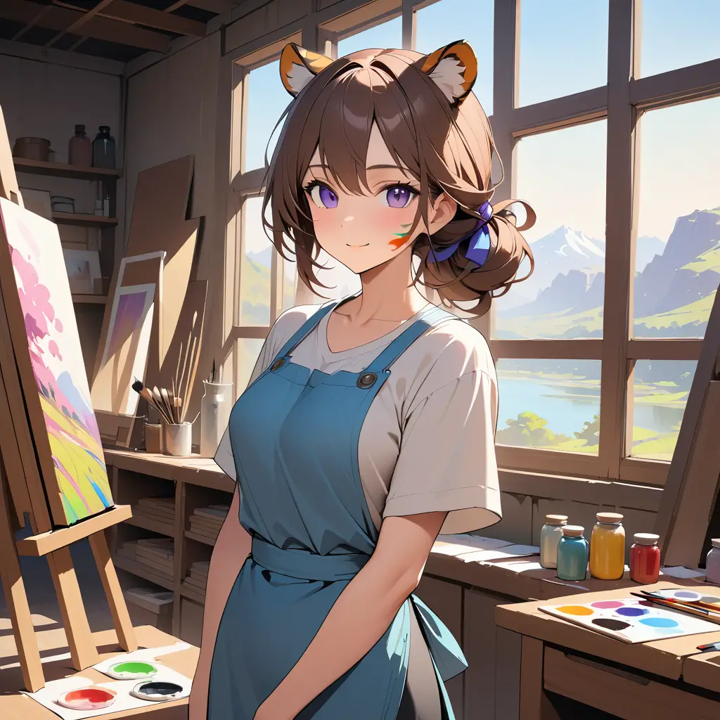 Une artiste femme-tigre sourit dans son atelier baigné de soleil