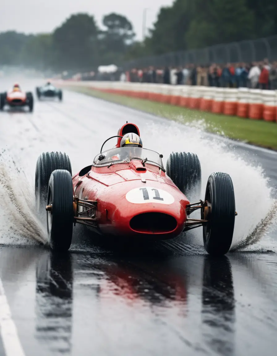 A 1950s Formula One car speeds across a rain-soaked race track