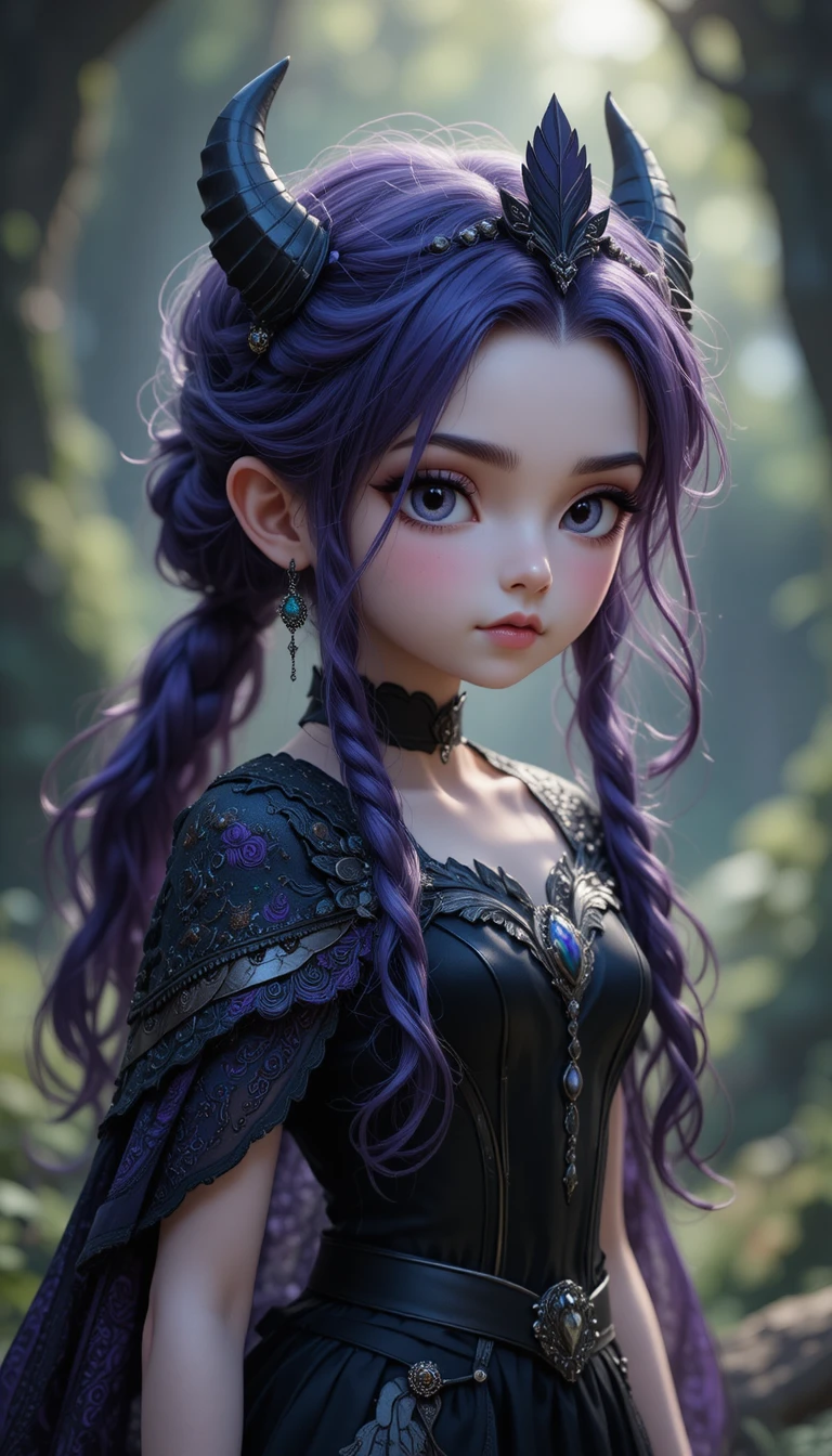 Garota fantástica com cabelo violeta, asas de fada sombrias e chifres de demônio