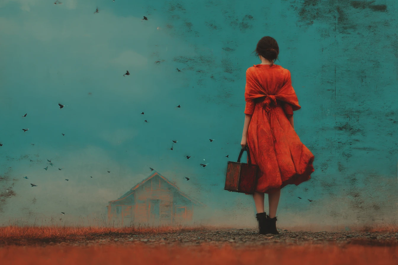 Uma colagem surrealista se dissolve na escuridão entre tons vibrantes de vermelho e laranja