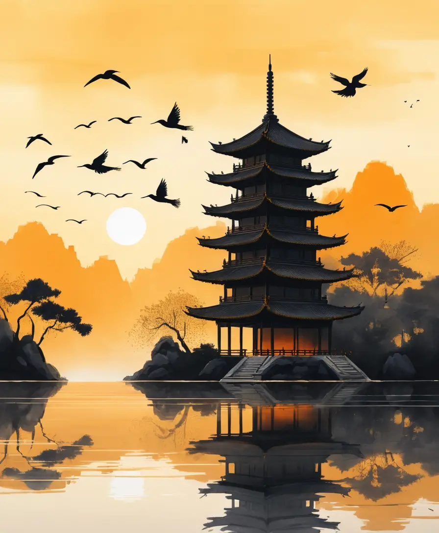 Eine Pagode bei Sonnenuntergang in einem minimalistischen chinesischen Tuschegemälde