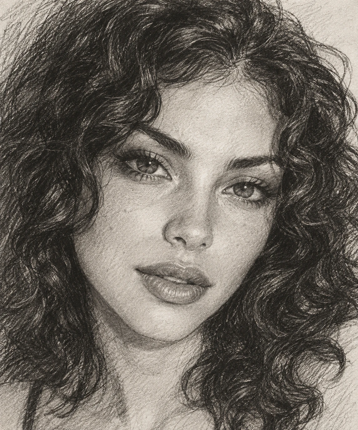 Um retrato a carvão captura o rosto de uma mulher emoldurado por cabelos cacheados