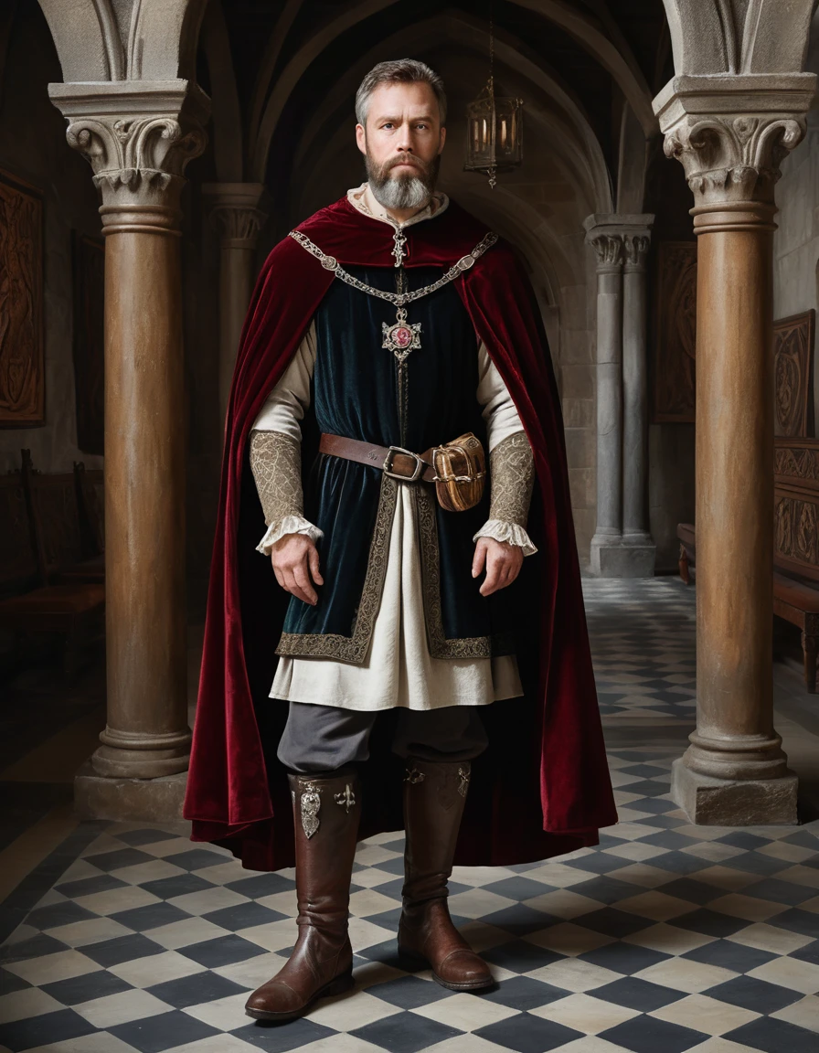 Um homem barbudo em um retrato renascentista em um castelo medieval