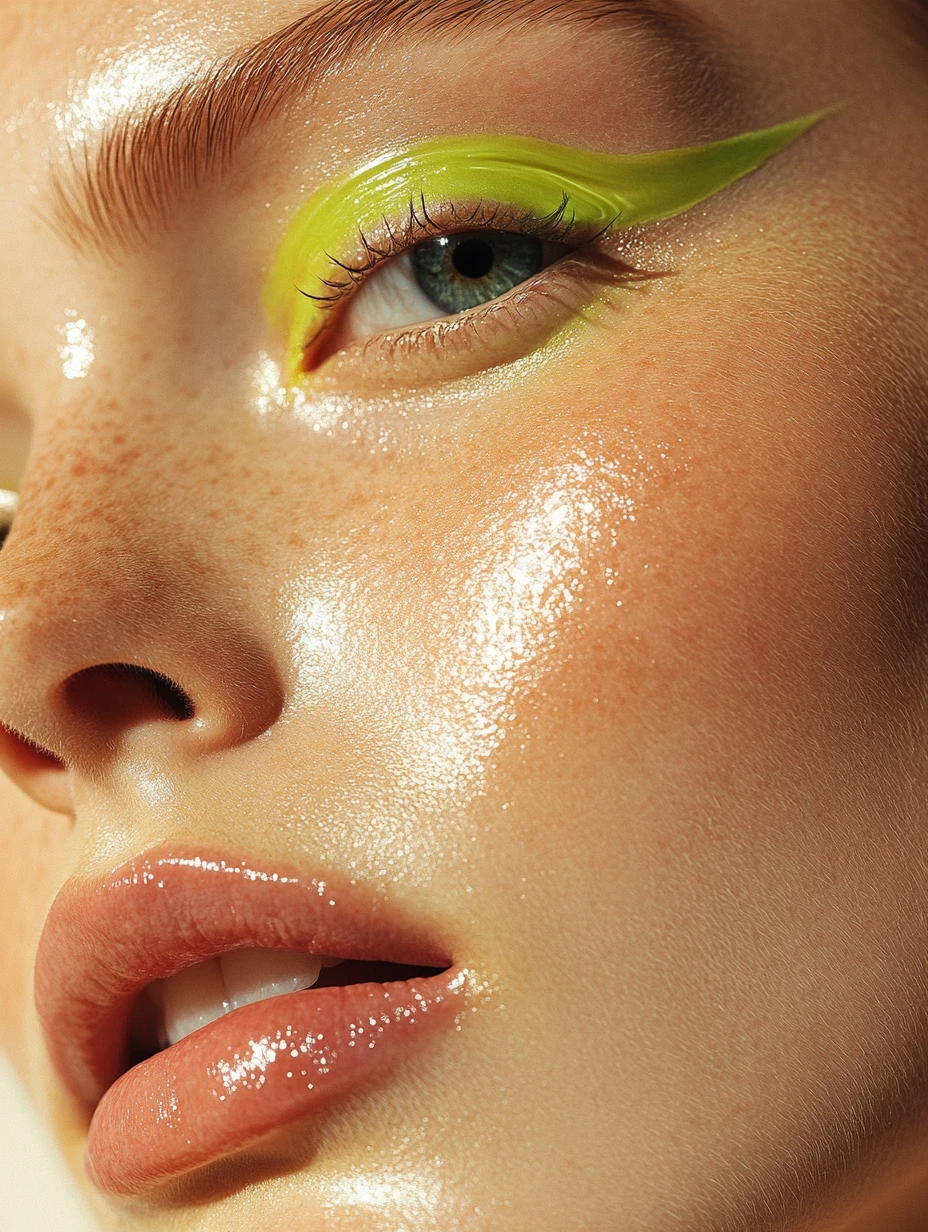 Delineador chartreuse brilha em retrato de beleza em close-up de uma mulher