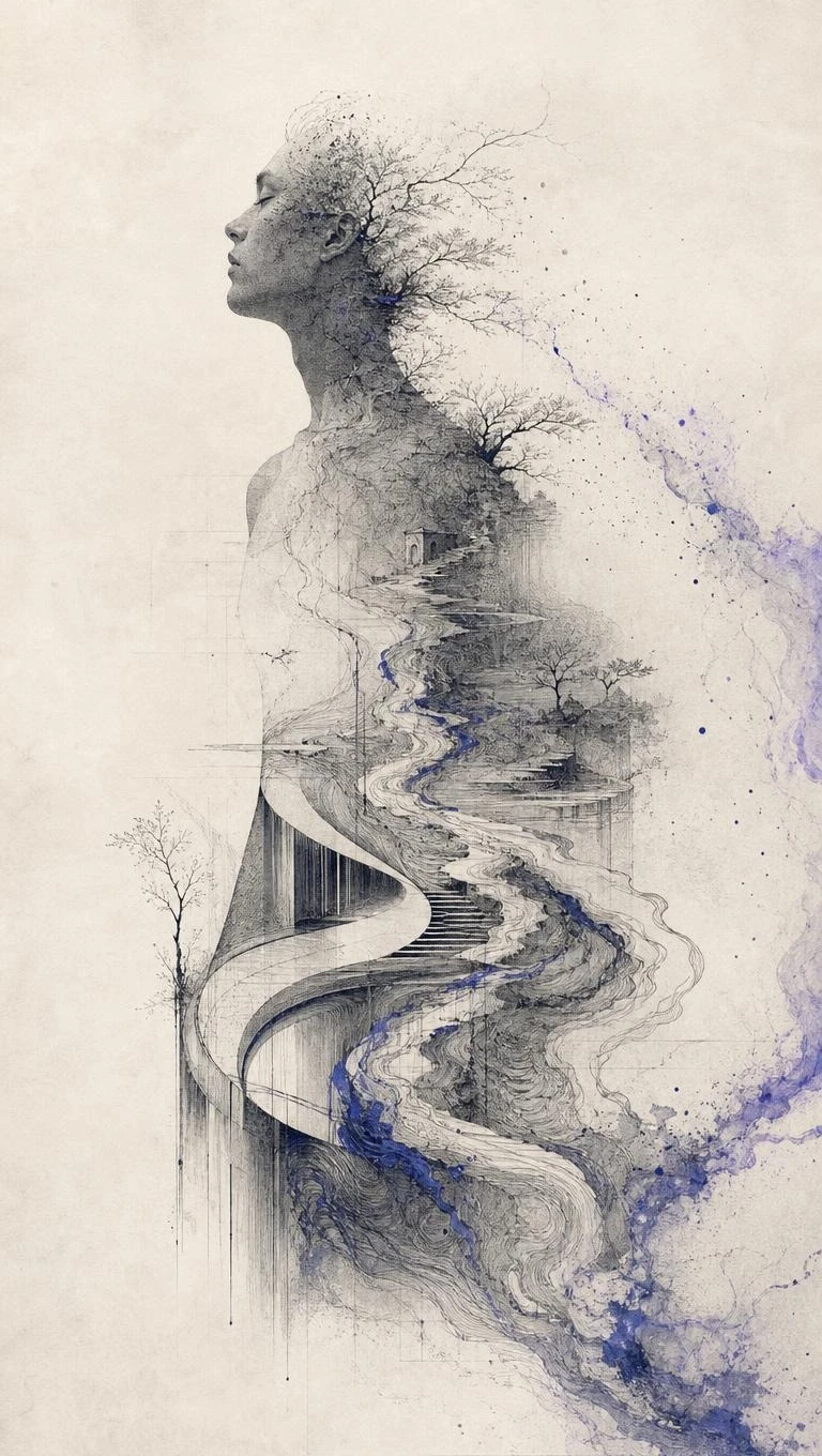 Uma silhueta humana dissolve-se numa paisagem abstrata interligada