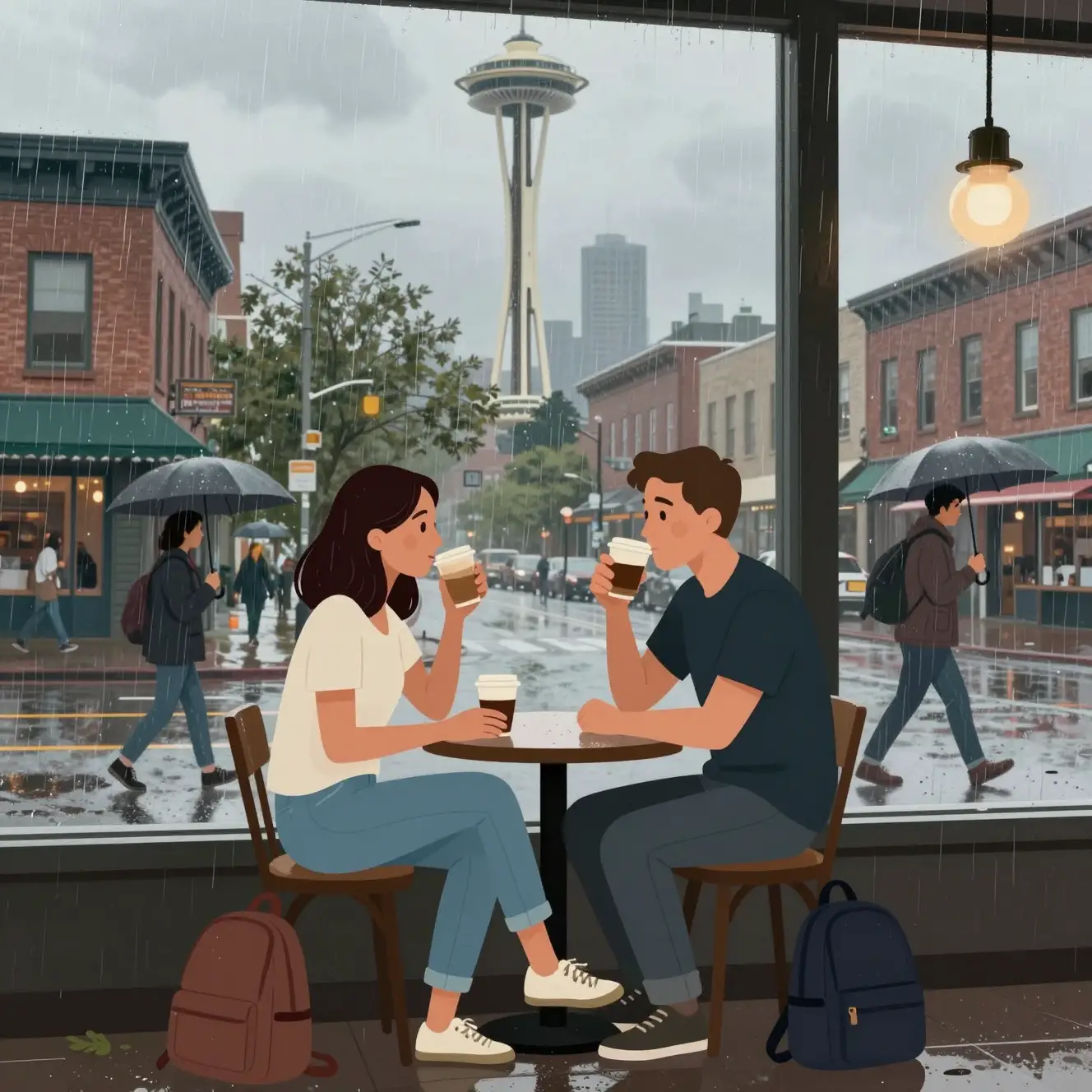 Um casal em estilo caricatural toma café em um café de Seattle durante uma forte chuva