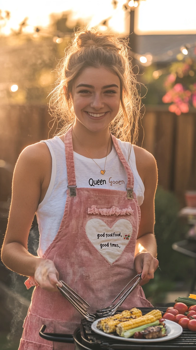 Junge Frau beim Grillen in einem sonnigen Garten zur goldenen Stunde