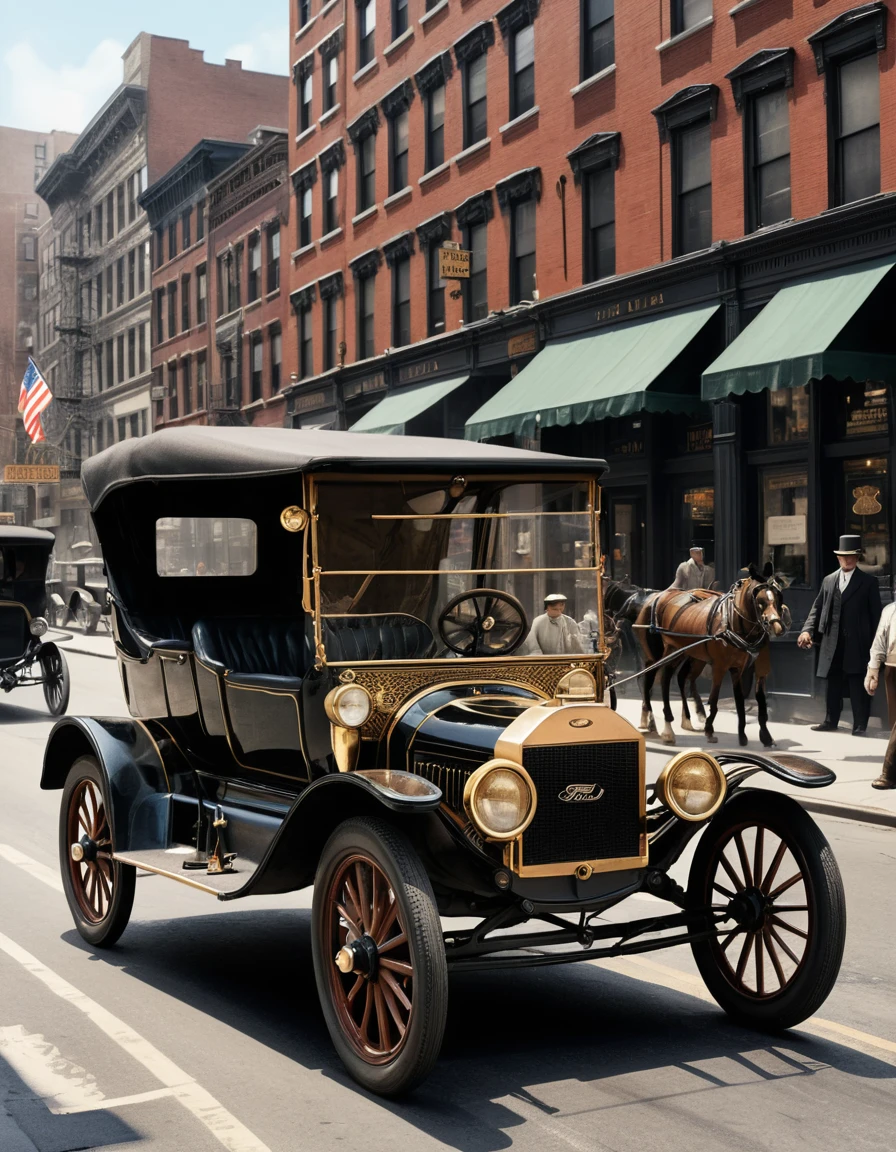 Um Model T preto percorre uma movimentada rua de Nova York