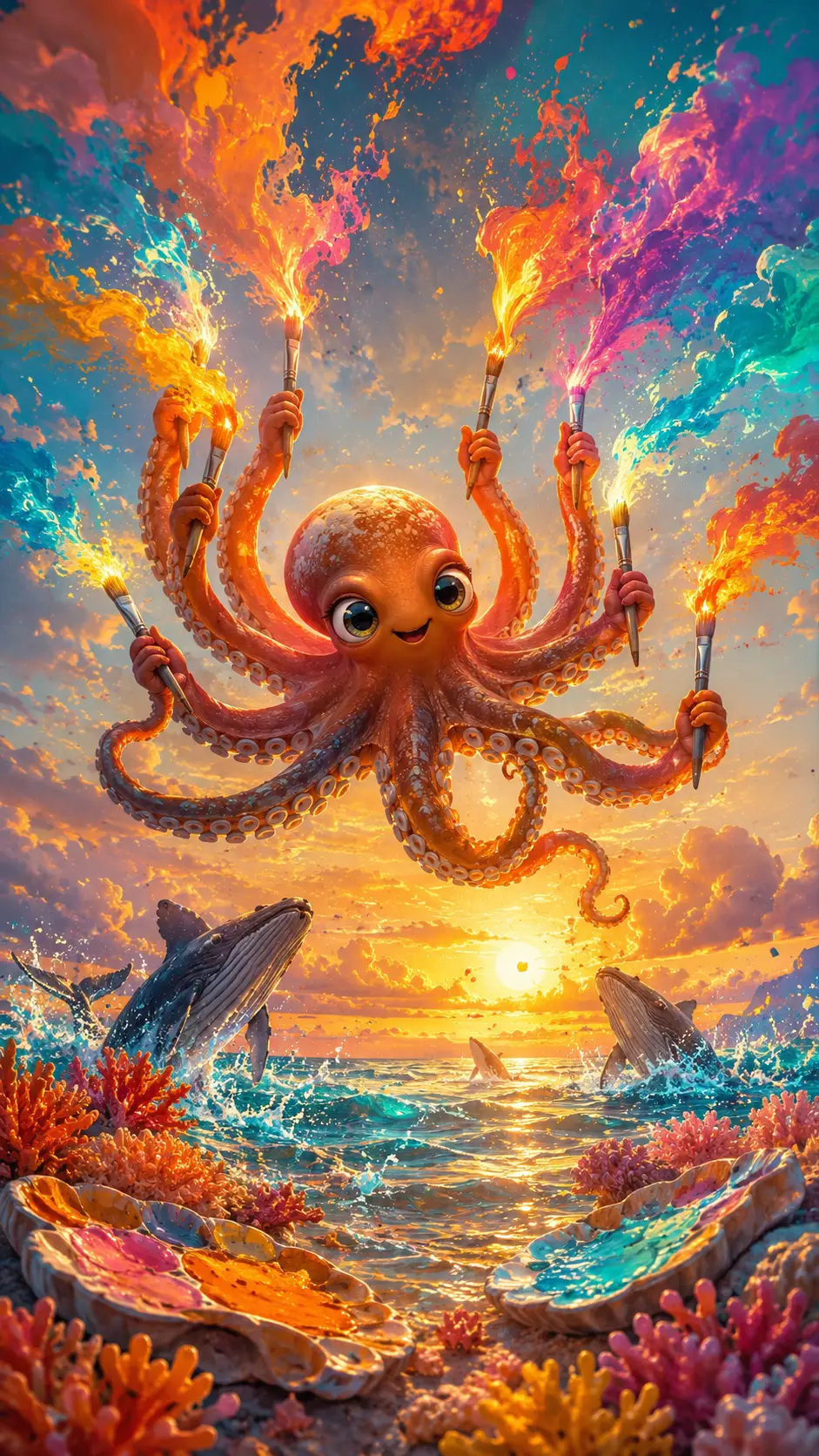 A cheerful octopus paints sunrise above a colorful ocean