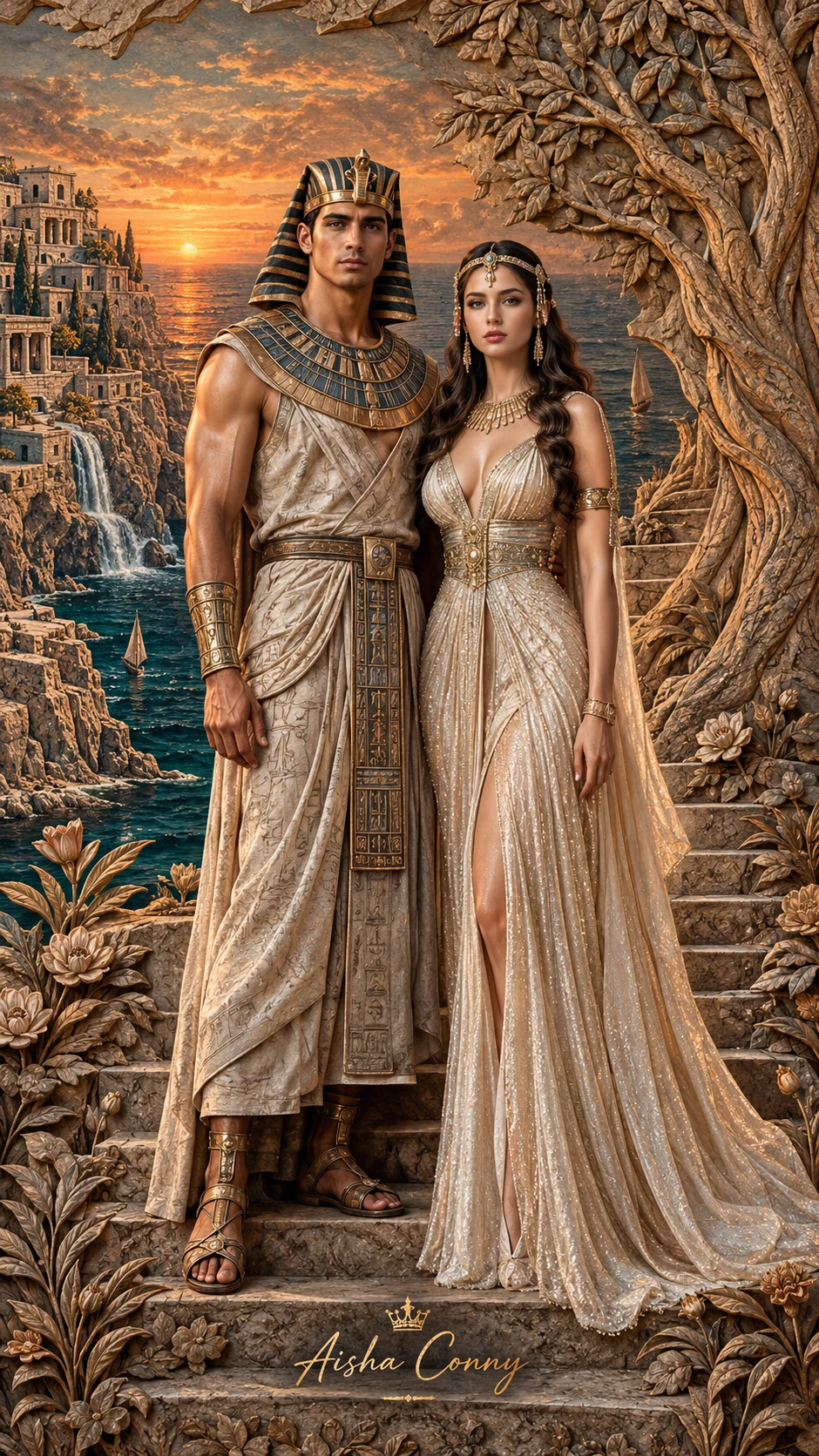 An Egyptian pharaoh and queen stand within a sculpted stone mural