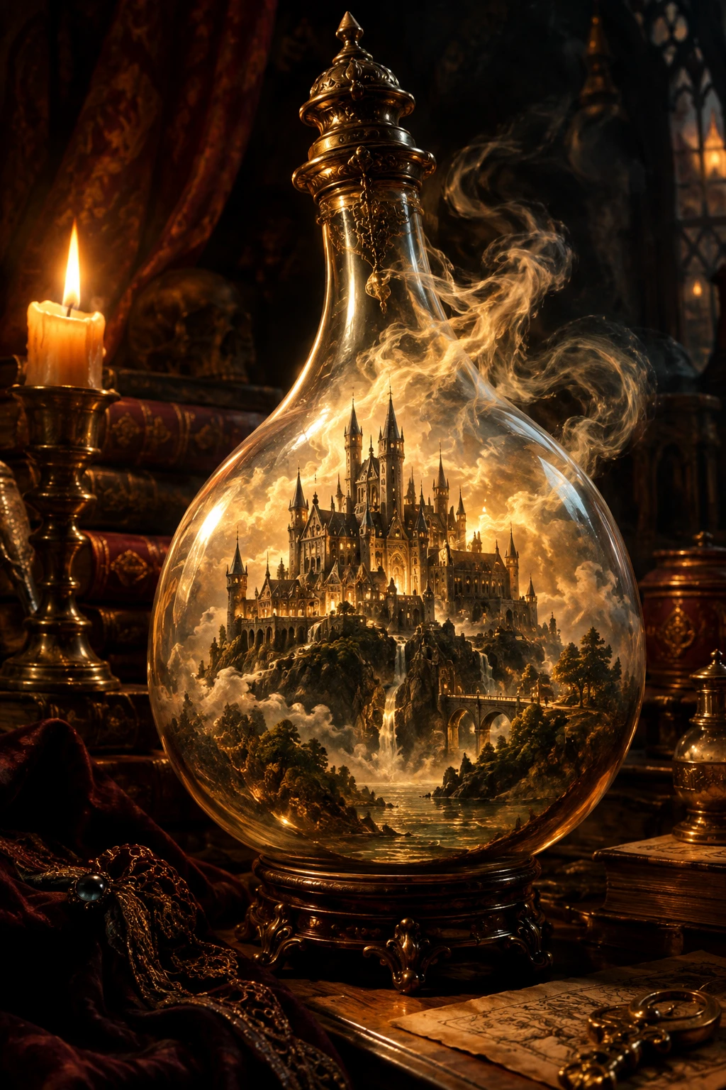 Um castelo de conto de fadas em miniatura repousa dentro de um enorme frasco de vidro
